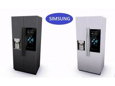 two samsung refrigerators side by side with the same logo on one and the other