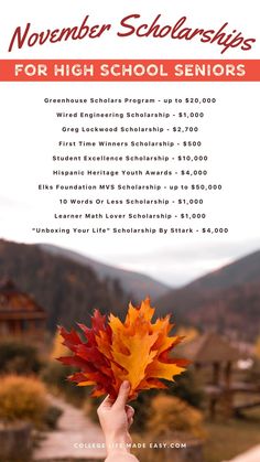 November scholarships for high school seniors, infographic list with scholarship names and award amounts High School Needs, School Needs, College Student Hacks