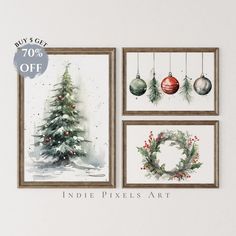 three christmas cards with ornaments hanging from them and the words buy 50 % off on it