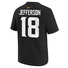 Crafted by Nike, the Youth Justin Jefferson Minnesota Vikings FUSE Name and Number Tee offers superior quality and comfort. Made with high-end materials, this tee is perfect for any young fan looking to show their support for their favorite team and player. Material: 100% Cotton Rib-knit collar Crew neck Screen print graphics Back neck taping Short sleeve Machine wash, tumble dry low Tagless Collar Officially licensed Imported Brand: Nike Black Tops With Name Print For Fan Gear, Nike Black T-shirt For Game Day, Black Fan Apparel Top With Name Print, Black Fan Apparel Tops With Name Print, Justin Jefferson, Neck Taping, Got Game, Black Nike, Minnesota Vikings