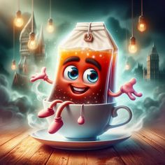 a cartoon character is sitting in a cup and saucer with an orange liquid inside