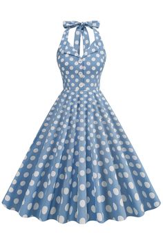 Polka Dot Dresses For Retro-themed Events, Retro Blue Dresses For Vintage Events, Retro Blue Dress For Vintage Events, 1950s Style Polka Dot Dress For Retro-themed Events, 1950s Style Polka Dot Vintage Dress, 1950s Style Polka Dot Party Dresses, Polka Dot 1950s Style Party Dress, Vintage Light Blue Dress For Garden Party, Light Blue Sleeveless Vintage Dress