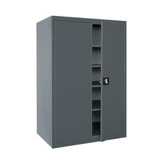 a gray metal storage cabinet with shelves