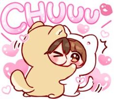 a cartoon bear hugging its face with the words chuw on it