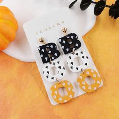 Nwt “Boo” Halloween Dangle Post Earrings Black, White, And Orange Letters Tiny Cute Ghost Pattern On The Letters 7.3 Cm Long 2 Cm Wide Boo! These Are Scary Cute! Trendy Black Halloween Earrings, Fall Beaded Earrings, Thanksgiving Earrings, Scary Cute, Ghost Pattern, Halloween Post, Fall Bead, Laser Cut Earrings, Polymer Earrings