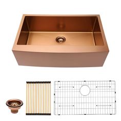 copper kitchen sink with grids and accessories