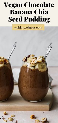 two chocolate banana chia seed puddings on a cutting board with the text vegan chocolate banana chia seed pudding