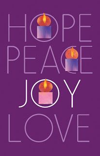 a purple poster with two candles and the words hope, peace, joy, love