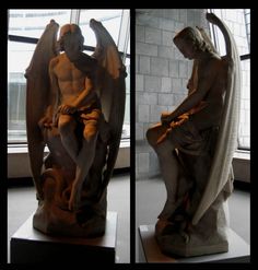 two pictures of a statue in front of a window