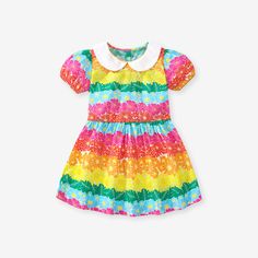 Spring Rainbow Print Short Sleeve Dress, Spring Dresses With Rainbow Print And Short Sleeves, Playful Summer Dress With Doll Collar, Playful Doll Collar Summer Dress, Sweet Multicolor Summer Dress, Sweet Multicolor Dress For Playdate, Sweet Multicolor Dresses For Playdate, Cute Multicolor Short Sleeve Dress, Flowers Print Dress