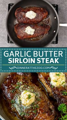 garlic butter sirloin steak in a skillet