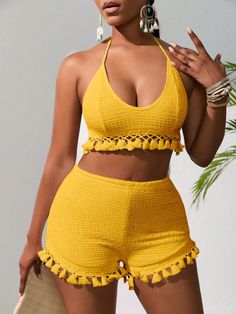 2pcs Women's Solid Color Fringe Hem Halter Backless Camisole Top And Shorts Set, Summer Yellow Boho    Plain  High Stretch  Women Clothing, size features are:Bust: ,Length: ,Sleeve Length: Summer Yellow, Shorts Set, Short Sets, Women Clothing, Camisole Top, Length Sleeve, Solid Color, Sleeve Length, Clothes For Women