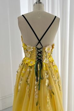 MissJophiel Embroidery Floral V Neck Yellow Prom Dress Sunflower Dresses Wedding, Yellow Tulle Dress, Sunflower Fairy, Yellow Prom Dress, Yellow Outfits, Yellow Prom, Sweep Train Prom Dress, Yellow Embroidery, Happy Yellow