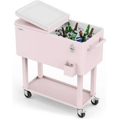 a pink cooler with beer bottles in it's lid and wheels on the side