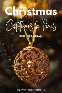 a christmas ornament hanging from a tree with the words, christmas captions and puns for instagram