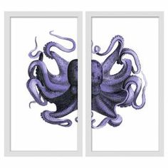 two pictures with an octopus on them, one is purple and the other is white