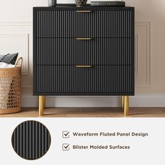 an image of a black and gold chest of drawers with the text waveform fluted paneled panel design