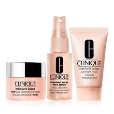 Clinique’s Glowing Skin Essentials deliver stabilizing hydration for skin’s daily dehydrators. Whether you smooth it on or spritz it, each of these Moisture Surge™ stars delivers instant hydration, and Moisture Surge™ 100H Auto-Replenishing Hydrator keeps skin glowing for days. Bursting with moisture and activated aloe water, Moisture Surge™ Face Spray immediately hydrates, softening and soothing skin in a flash. Moisture Surge™ Overnight Mask replenishes all night long, so you’ll wake up to sof Clinique Skincare, Moisture Surge, Face Spray, Clinique Moisture Surge, Facial Wipes, Clinique Moisturizer, Overnight Mask, Skin Glowing, Skin Essentials