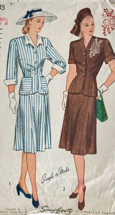 1940s Slim Dress Suit Bust 39 #VintageSewingPattern Simplicity 1935 Embroidery 2 | eBay 1940s Socialite, 1935 Fashion Woman, 1940s Wartime Fashion, Vintage British Fashion, Late 1940s Fashion, 1940-1950 Fashion, 1940s Sewing Patterns, 1940 Fashion Women, 1940s Womens Fashion