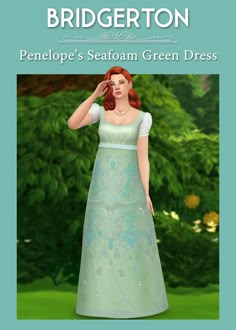 a woman in a green dress standing next to some trees and bushes, with the caption bridgerton pelepe's seafoam green dress