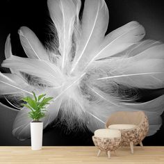 a black and white photo of a large feathered flower in a vase next to a chair