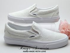 "Beautiful and Romantic wedding  sneakers is a perfect accessory for your Special day.. These White Slip On Authentic Vans , are covered with White Lace .  Handmade to order, so please allow me enough time before your wedding date. Orders are processed and shipped within 6-7 WEEKS of payment., large orders, may take longer ..Please allow 2-5 days additional and Domestic Shipping will take 2-5 Business days.  RUSH ORDERS ARE AVAILABLE **Please read all \"shop policies\" before placing your order* Vans Shoes Wedding, Bridal Vans, Lace Vans, Sneakers For Bride, Sneakers Wedding, Wedding Vans, White Lace Fabric, Wedding Sneakers, Authentic Vans