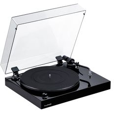 an old record player with its turntable and clear glass cover on white back ground