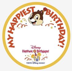 a happy birthday sticker with an image of a cartoon character in the middle of it