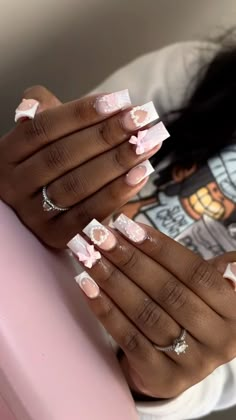 Short Nail Ideas With Charms, Cute Nails For Your Birthday, Short Nails Acrylic With Charms, Baddie Nails Instagram Medium, Square Nails With Charms, Sweet 16 Birthday Nails Acrylic, Short White Nails With Charms, Pink Birthday Nails Black Women, Charm Acrylic Nails