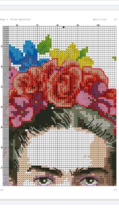 the cross stitch pattern shows a woman's face with flowers in her hair