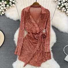 Top Rated Shiny Sequins V-neck Dress Long Sleeve Glitter Chic Night Club Bar Cocktail Prom, women's dresses Night Club Bar, Green Champagne, Lace Up Bodycon Dress, Lantern Sleeve Top, Mid Skirt, Club Bar, Neck Bodycon Dress, Dressy Dresses, Puffed Sleeves Dress