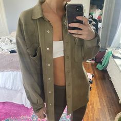 Zara Khaki Ish Color Suede Jacket Shirt. Basically Brand New. Size Xs But Fits Oversized Everyday Long Sleeve Khaki Shacket, Khaki Collared Outerwear For Day Out, Collared Khaki Outerwear For Day Out, Trendy Olive Long Sleeve Outerwear, Chic Long Sleeve Shacket With Snap Buttons, Zara Long Sleeve Utility Jacket For Fall, Zara Long-sleeved Utility Jacket For Fall, Zara Long Sleeve Shacket With Pockets, Trendy Zara Shacket For Spring