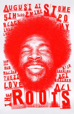 a red and white poster with an afro man's face in the center, surrounded by words