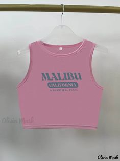 Olivia Mark - Malibu Print Y2K Crop Tank Top, Sleeveless Crew Neck Casual Top For Spring & Summer, Women's Clothing Crop Tank Top, Top Sleeveless, Casual Top, Cropped Tank Top, Olivia Mark, Crop Tank, Casual Tops, Collar Styles