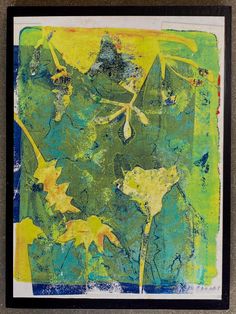 an abstract painting with green and yellow leaves