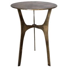 a round table with metal legs and a wooden top