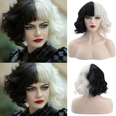 Cruella De Vil Cosplay Wig Women Black White Short Curly Hair Synthetic Wigs Hot Cruella Hair Wig, Cruella Deville Mask, Short Hair Characters Halloween, White Short Curly Hair, Cruella Wig, Cruella Deville, Long Curly Wig, Bad Smell, Theme Days