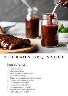 barbecue sauce being poured onto ribs on a cutting board