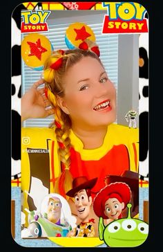 a girl with pigtails and braids in front of a toy story book cover