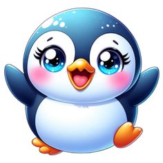 a cartoon penguin with blue eyes and pink cheeks