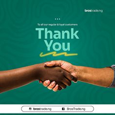 two people shaking hands in front of a green background with the words thank you on it