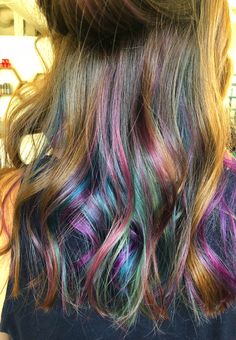 Rainbow Tips Hair, Rainbow Highlights In Brown Hair, Oil Slick Hair Color Peekaboo, Brown Hair With Rainbow Highlights, Rainbow Highlights Hair Brown, Dark Brown Hair With Rainbow Highlights, Rainbow Hair Highlights