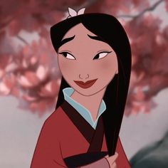 an animated character with long black hair wearing a red dress and holding her hand on her chest