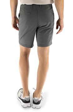 With the look of flat-front chinos and the performance features of swimwear, these hybrid shorts easily take you from the beach to the bar and beyond. The quick-drying technical fabric is made with recycled fibers, plenty of stretch and a hint of cotton for softness. 8" inseam; 10 1/2" front rise Zip fly with button closure; interior drawcord Front slant pockets; back-zip welt pockets Four-way-stretch fabric Mesh pocket linings 75% recycled polyester, 17% cotton, 8% spandex Machine wash, tumble Summer Bermuda Shorts For Outdoor, Casual Upf 50+ Shorts, Casual Nylon Shorts With Upf 50+, Functional Bottoms With 5-inch Inseam For Summer, Moisture-wicking Midweight Athletic Shorts For Summer, Summer Athletic Shorts With Comfort Waistband And 4-way Stretch, Summer Moisture-wicking Midweight Athletic Shorts, Summer Midweight Moisture-wicking Athletic Shorts, Midweight Moisture-wicking Shorts For Summer