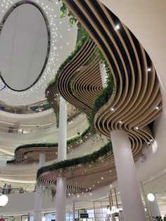 the inside of a building with many circular wooden structures and plants growing on the ceiling