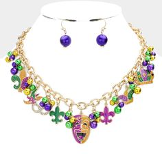 Necklace Size : 16.5" + 3.25" L Decor Size : 1" L Earring Size : 1" L Mardi Gras Necklace, Mardi Gras Earrings, Jewelry Vendor, Festival Necklace, Multi Necklace, Wholesale Jewelry Supplies, Mask Necklace, Rhinestone Statement Necklace, Wholesale Accessories