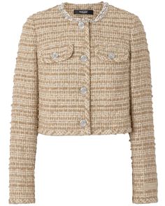 Versace Taupe and Ivory Tweed Evening Jacket Round neck; beaded detail Long sleeves; button cuffs Button down front closure Chest flap pockets; button closure Boxy fit Cropped length Tweed fabrication 75% cotton, 17% polyamide, 8% polyester Versace Jacket, Designer Hair Accessories, Evening Jacket, Flat Dress Shoes, Evening Jackets, Sports Skirts, Tweed Jacket, Casual Jacket, For Today