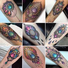 many different pictures of tattoos on the legs and arms, all with colorful designs in them