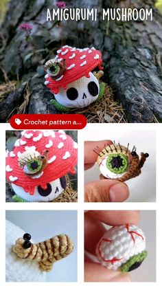 crochet pattern for an amigurmi mushroom with eyeballs and leaves on it