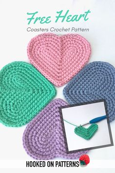 four crocheted heart coasters are shown with the text, hooked on patterns